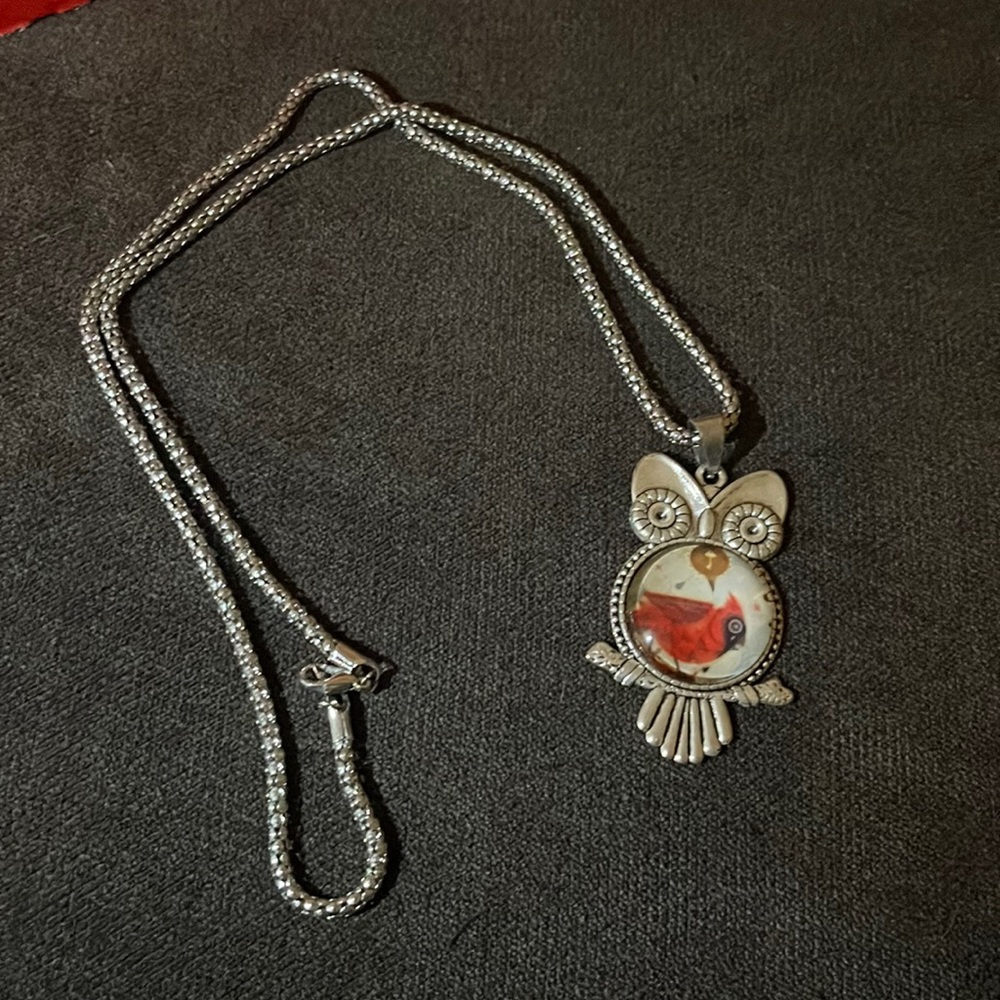 Cute Owl Necklace with Red Cardinal